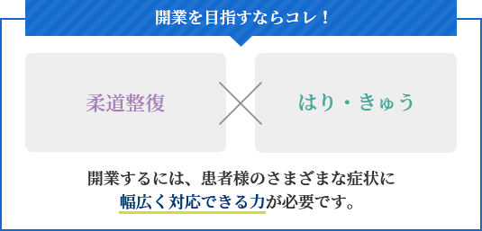 開業を目指すならコレ！ 柔道整復 はり・きゅう 開業するには、患者様のさまざまな症状に幅広く対応できる力が必要です。